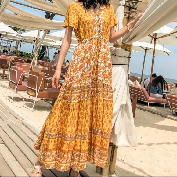 Yellow White Boho Floral Gypsy Print Maxi Dress - Picture 6 of 8